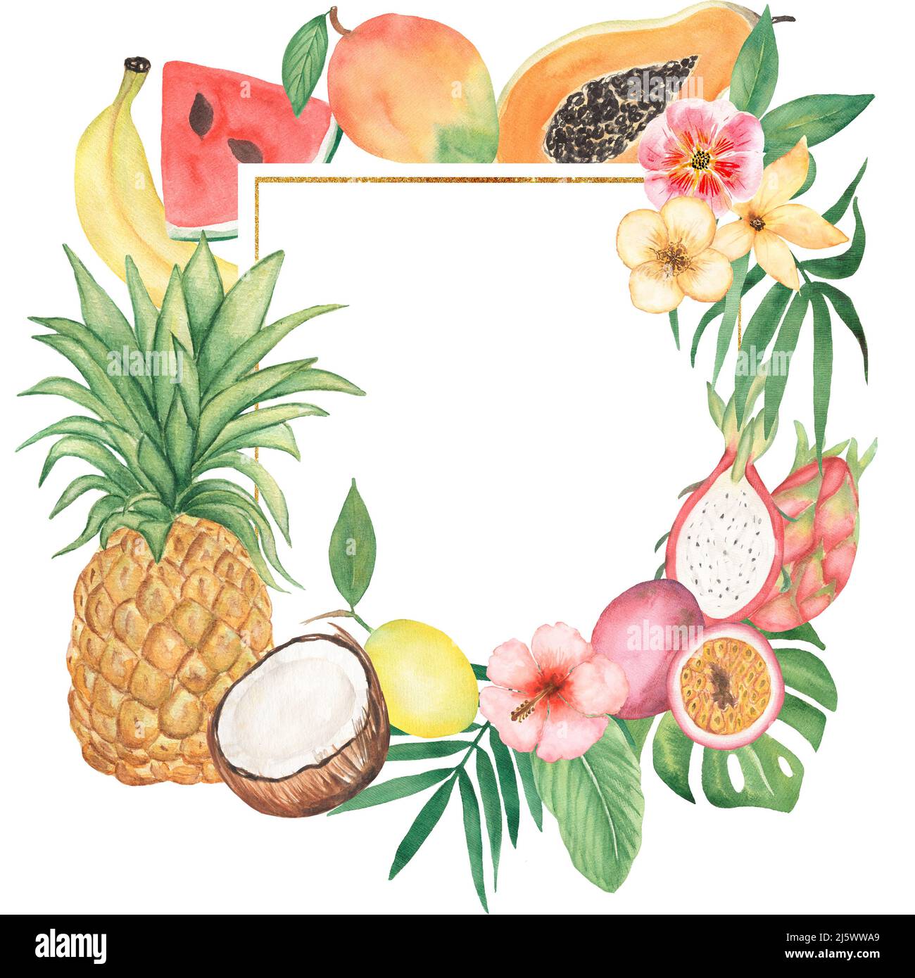 Cadre hawaïen tropical, flyer avec fruits exotiques, feuilles de palmier, fruits et fleurs cadre. Conception de modèle. Illustration de la couronne d'ananas. Banque D'Images