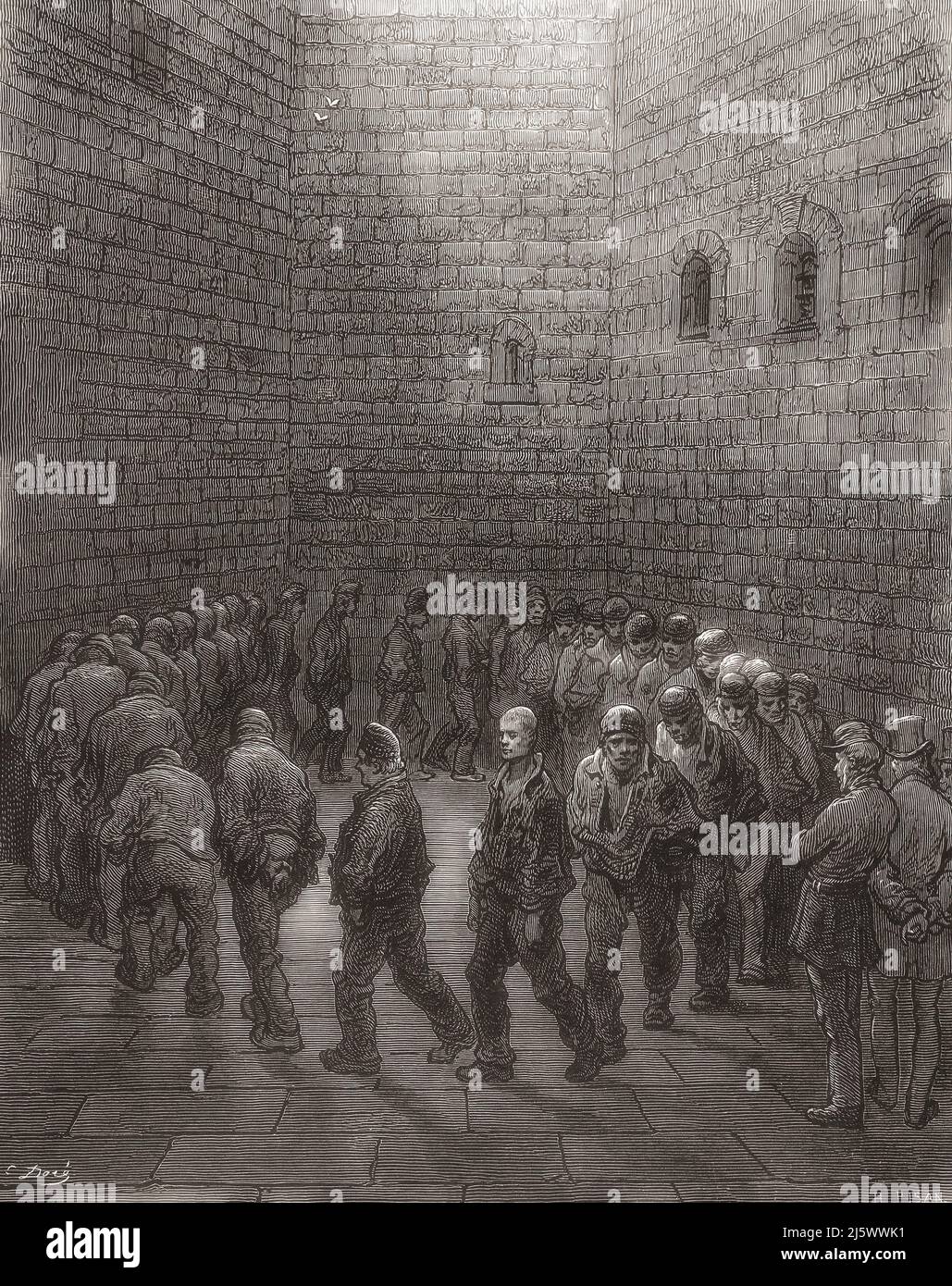 Newgate - Yard d'exercice. Après une illustration de Gustave doré dans l'édition américaine de Londres 1890: Un pèlerinage écrit par Blanchard Jerrold et illustré par Gustave doré. En 1890, Vincent Van Gogh a copié cette illustration créée par doré vers 1870 pour la peinture de la série des prisonniers. Banque D'Images
