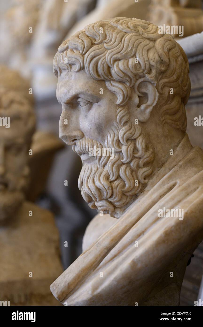 Rome. Italie. Buste en portrait d'Epicurus (341–270 av. J.-C.) dans la salle des philosophes, Musées Capitoline. Musei Capitolini. Une copie romaine en marbre d'une gree Banque D'Images