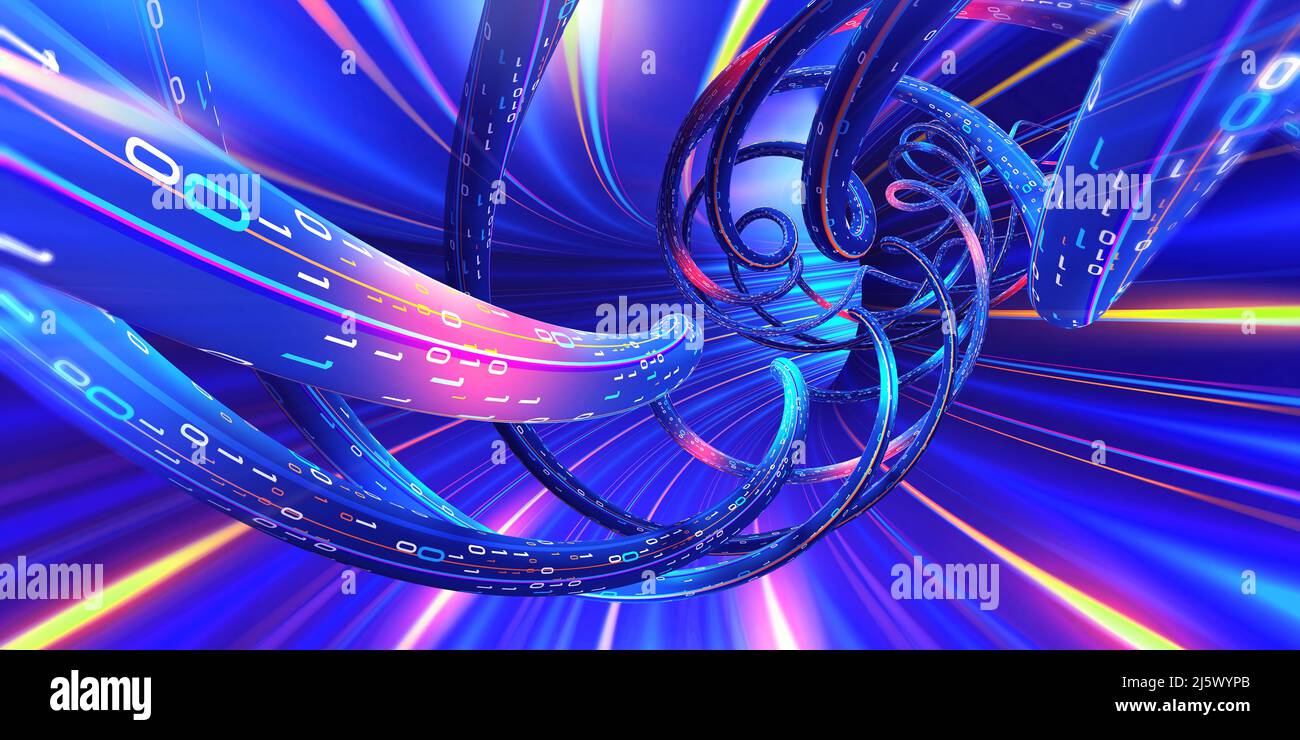 Cyber-spirale. Lumières néon pourpres, couleurs bleu rose vif, spectacle laser. 3D illustration portail au néon ultraviolet, lignes luminescentes, tunnel Banque D'Images
