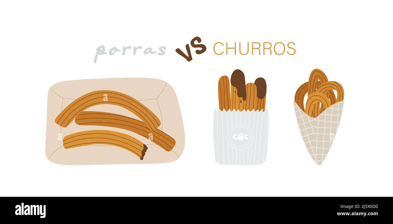 Porras contre churros. Pâtisseries traditionnelles espagnoles et Madrid pour le petit-déjeuner. Jeu d'illustrations vectorielles pour la conception et le texte manuscrit. Illustration de Vecteur