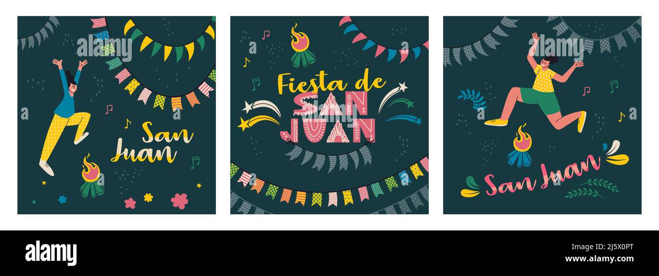 Ensemble de dessins pour cartes postales ou affiches pour la célébration de Saint Juan. Texte en espagnol Fiesta de San Juan (Fête de Saint Jean). Les gens sautent Illustration de Vecteur