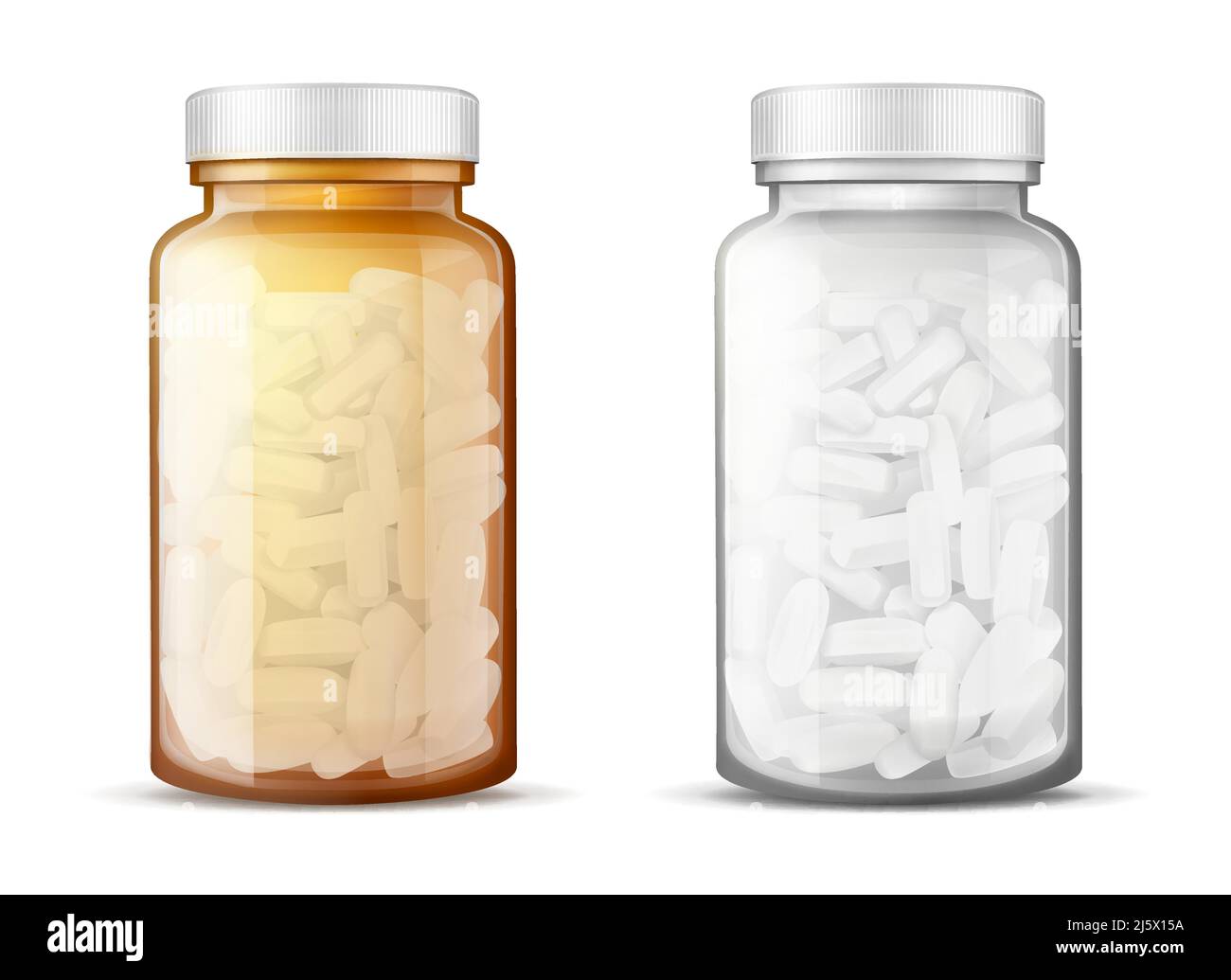 Flacons transparents en verre ambré blanc avec couvercle en plastique plein de médicaments, vitamines, antibiotiques, comprimés analgésiques 3D vecteur réaliste isolé sur blanc Illustration de Vecteur