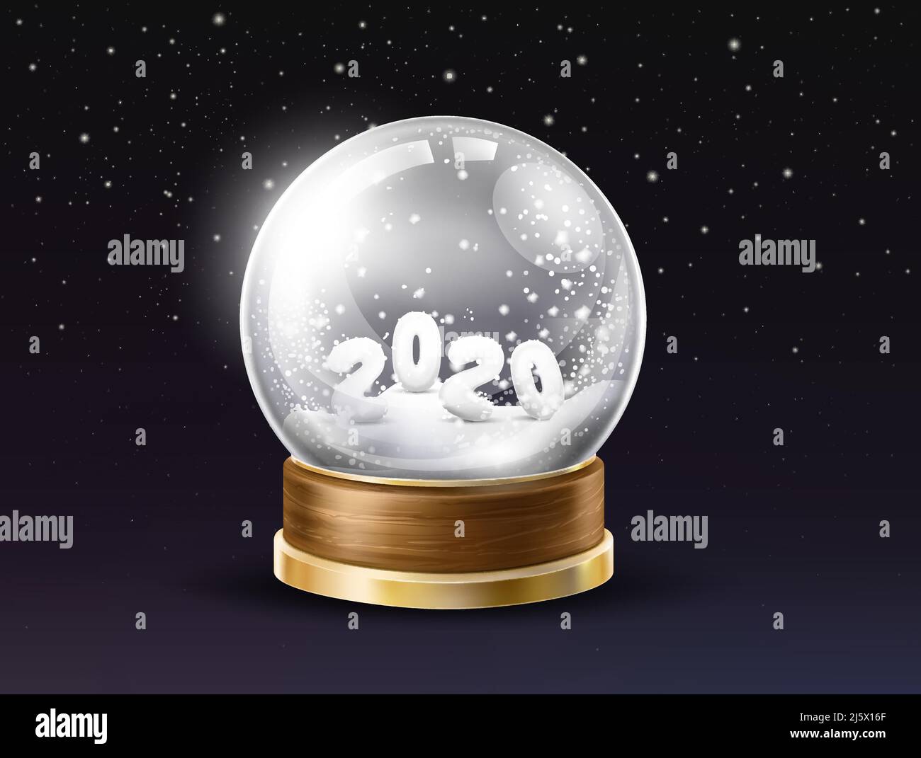 Boule de neige brillante en verre avec 2020 chiffres de l'année poudrés de neige à l'intérieur de 3D vecteur réaliste sur fond noir avec chutes de flocons de neige. Nouvelle année et Illustration de Vecteur