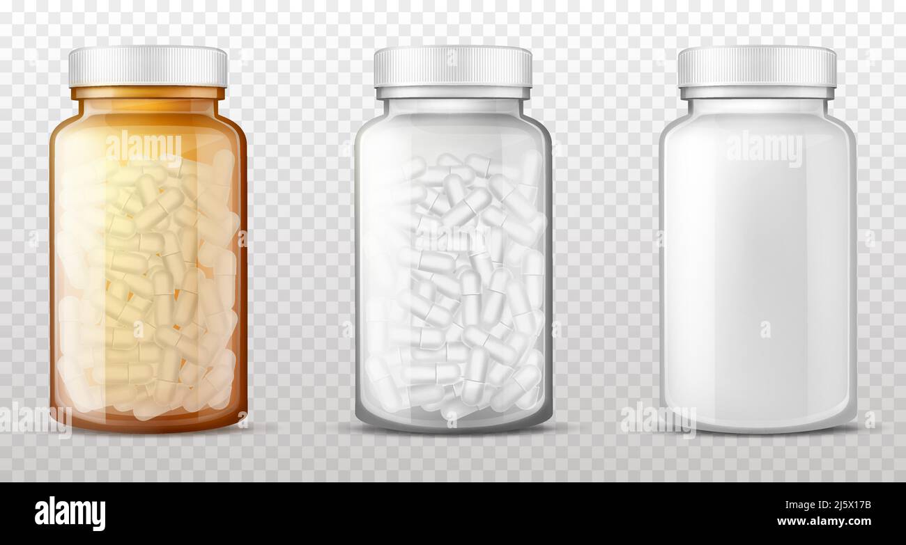 Flacons en plastique transparent, verre ambré brun pour médicaments, vides, pleins de pilules ou de dragee fermés avec un bouchon isolé 3D vecteur réaliste illust Illustration de Vecteur