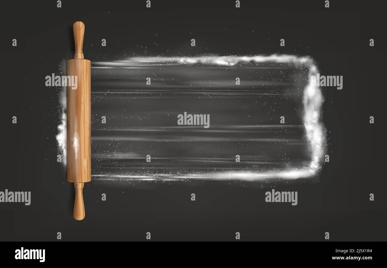 Préparation de la pâte, pétrissage, aplatissement de la pâte à cuire vue du dessus, isolé, 3D vecteur réaliste avec broche de bois sur la surface de la farine en poudre illust Illustration de Vecteur