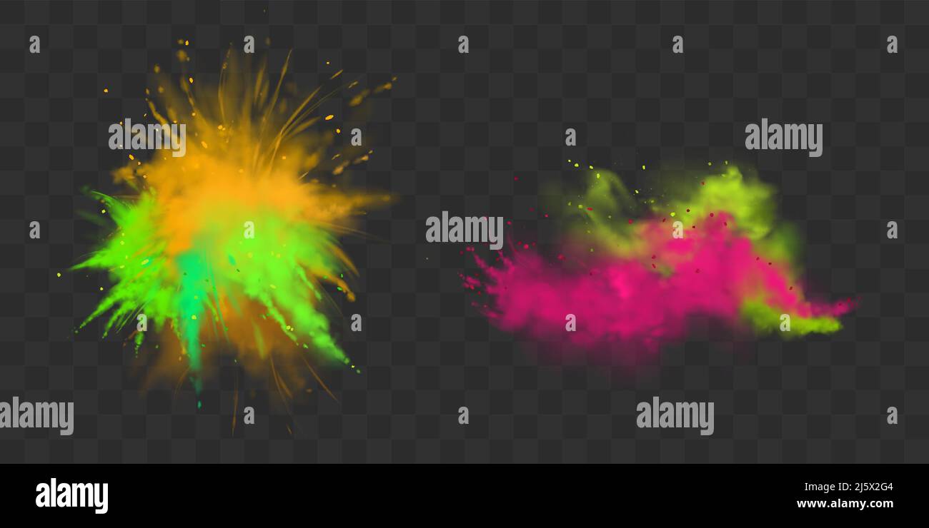 Poudre Holi peintures ensemble isolé sur fond transparent nuages colorés ou explosions, éclaboussures d'encre, colorant vibrant décoratif pour le festival, traditiona Illustration de Vecteur