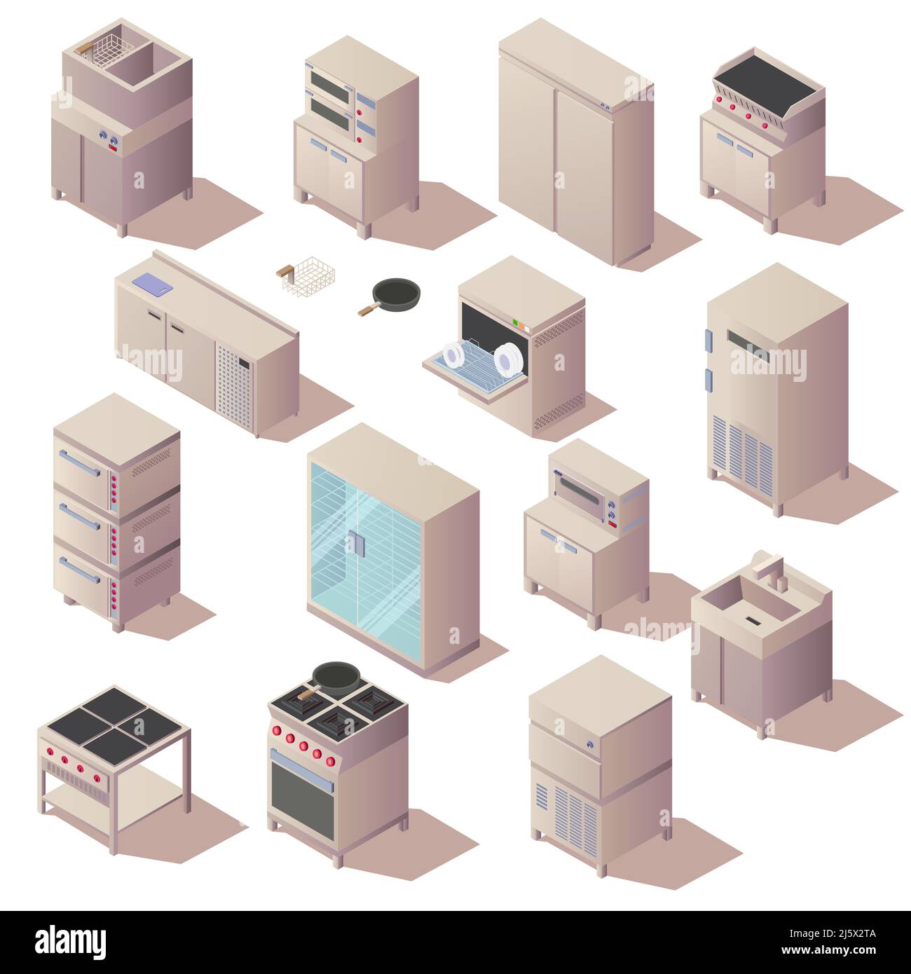 Cuisine isométrique ensemble d'appareils et de meubles de restaurant. Four, évier, réfrigérateur lave-vaisselle isolé sur fond blanc. Equipement technique pour c Illustration de Vecteur