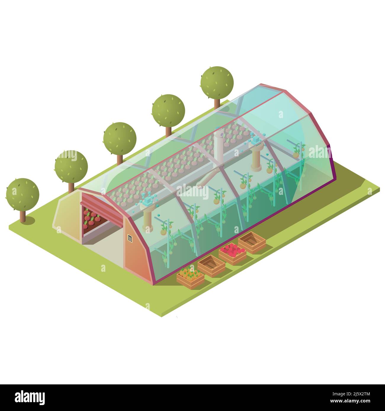 Serre isométrique, bâtiment agricole pour la culture de plantes et légumes avec fenêtres en verre et porte de levage automatique isolée sur fond blanc. Hoth Illustration de Vecteur