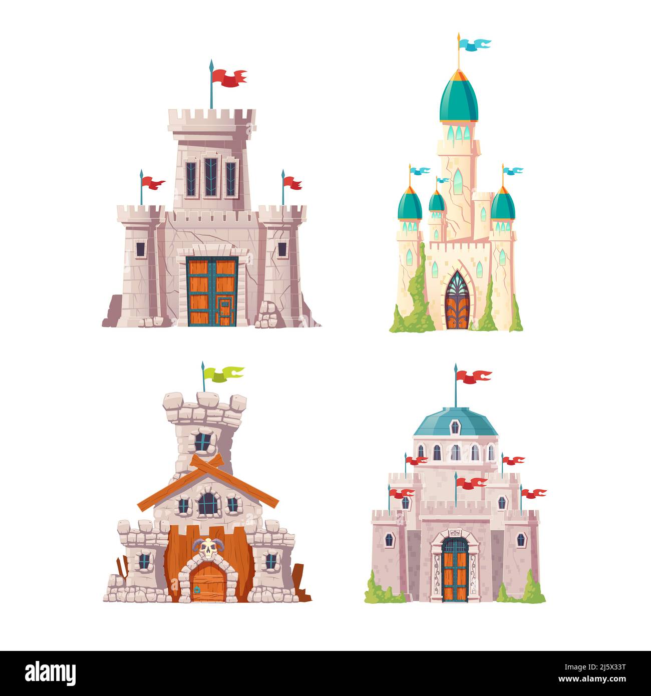 Châteaux de contes de fées, forteresses fantaisistes. Citadelles médiévales avec tours de guet en pierre, drapeaux sur les flèches, lierre poussant sur des murs fissurés. Bastion abandonné Illustration de Vecteur