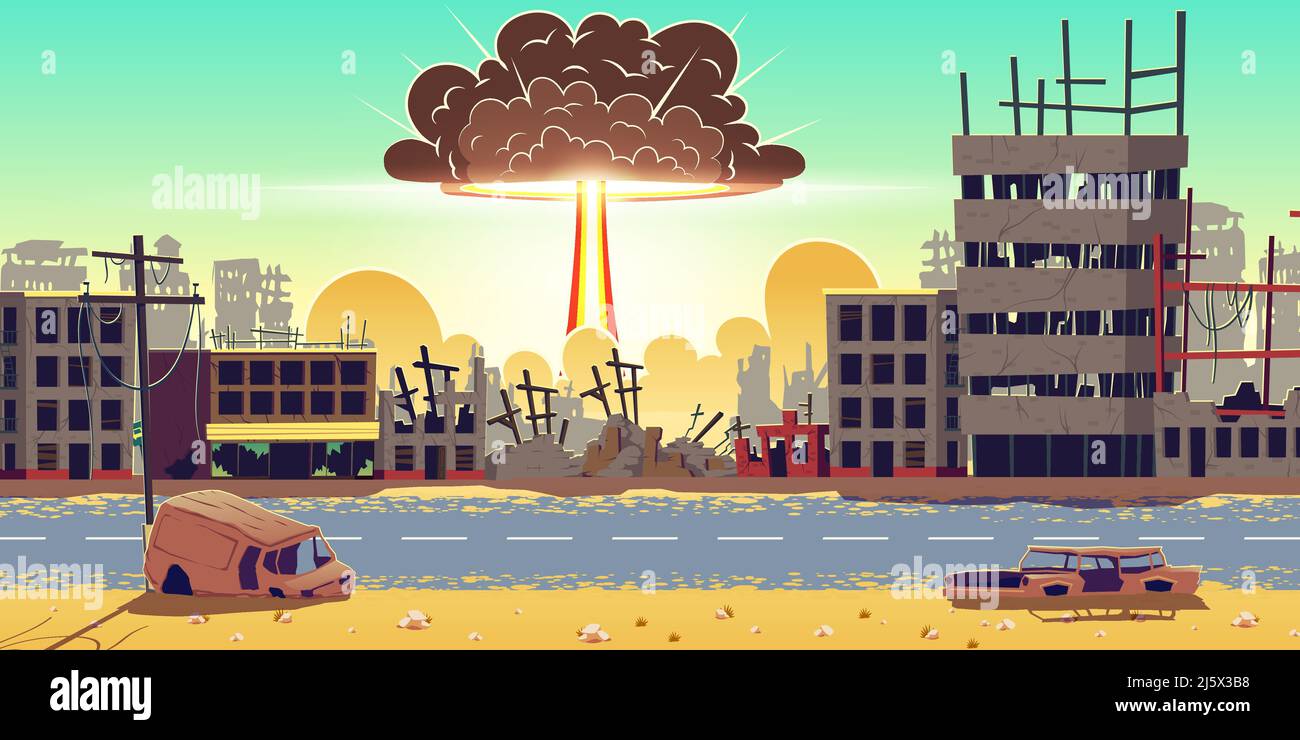 Explosion d'une bombe nucléaire dans une ville en ruines. Champignon flamboyant, nuage de détonation de bombe atomique se levant sous les ruines. Arme de destruction massive dans un conflit de guerre, n Illustration de Vecteur