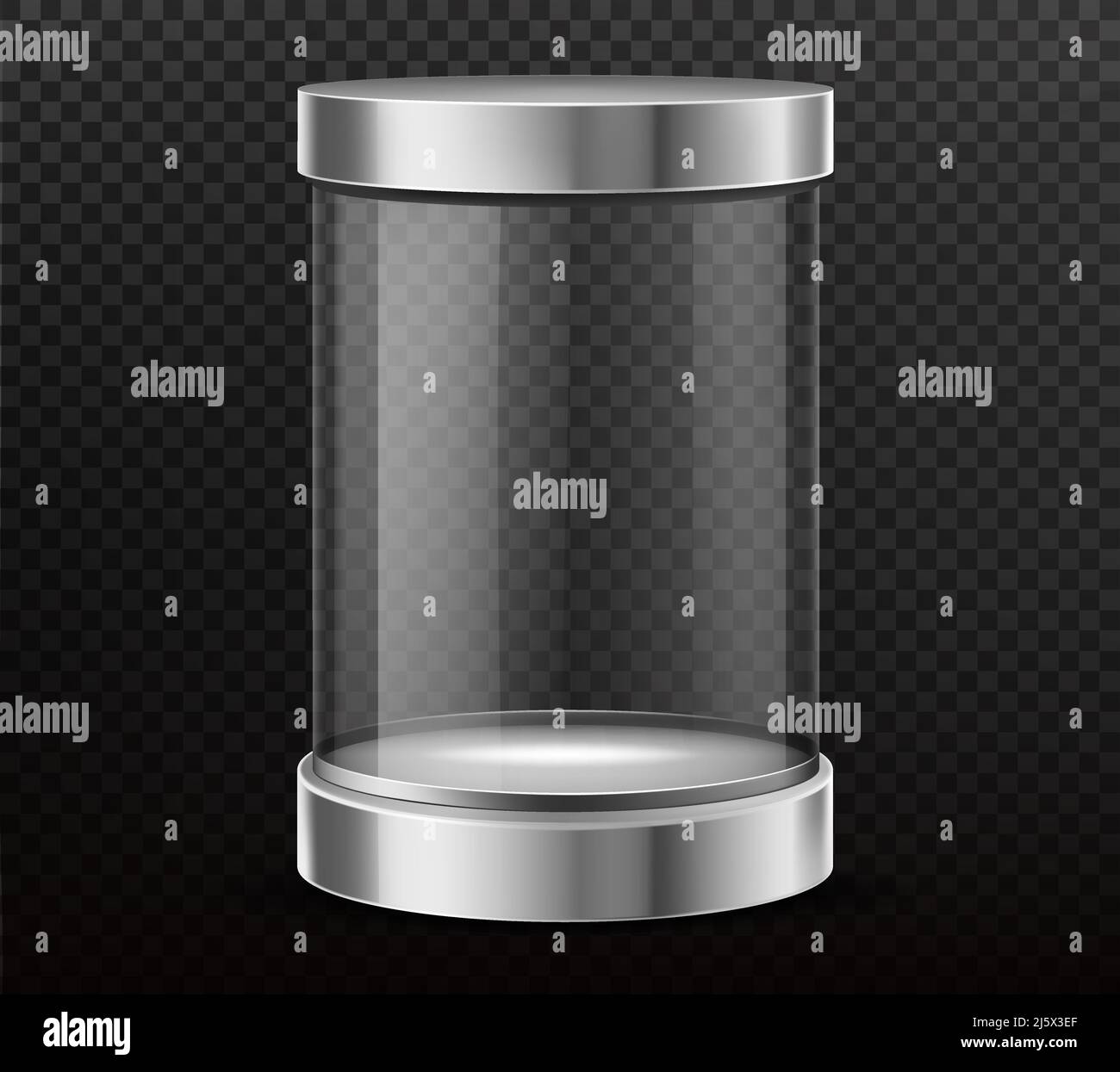 Capsule cylindrique en verre, vitrine ronde vide, boîte d'exposition transparente avec capuchon en acier, estrade isolé 3D illustration réaliste de vecteur. Sécurité Illustration de Vecteur