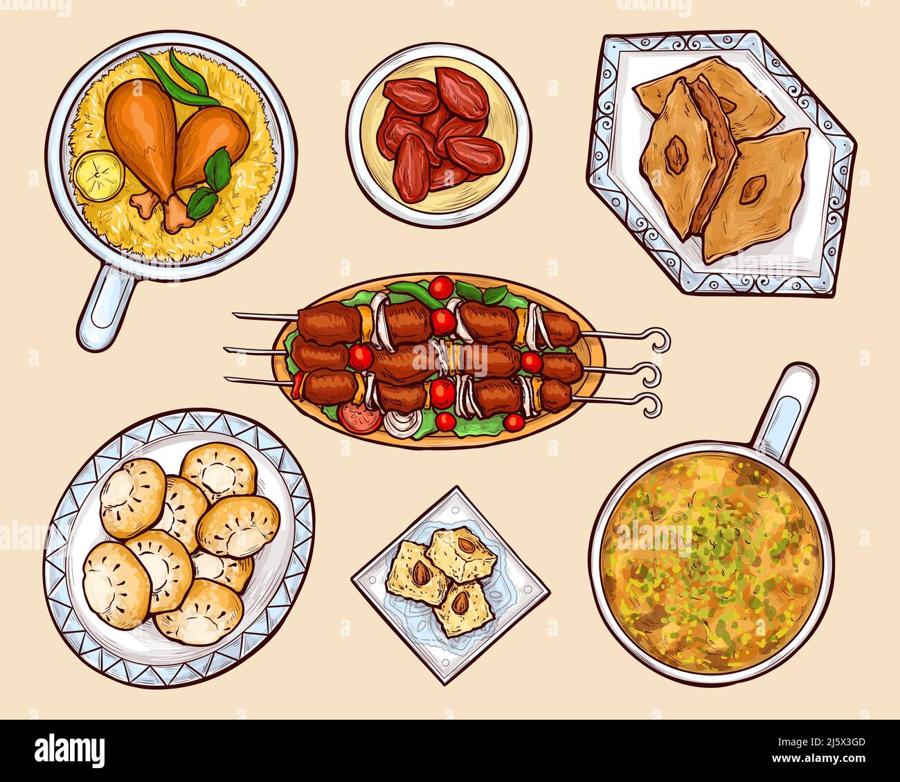 Cuisine nationale orientale, orientale, cuisine exotique, sucreries arabes et plats de viande isolés, ensemble de dessins animés. Umm ali, basbousa, kahk Illustration de Vecteur