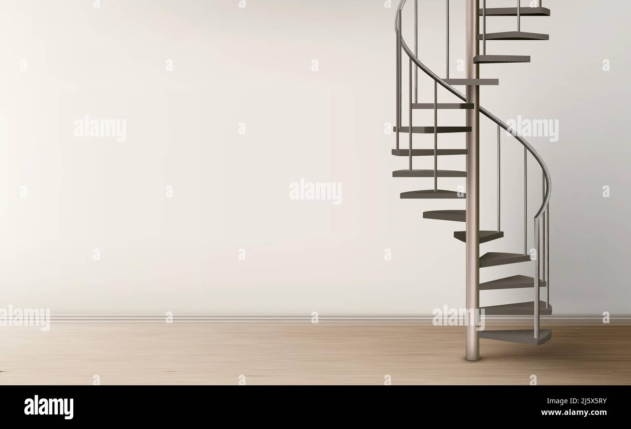 Escalier en colimaçon dans l'intérieur vide de la maison avec un mur et un plancher propres, une échelle circulaire en métal hélicoïdale sur le montant avec des rails de tube et des escaliers en bois. Moderne r Illustration de Vecteur