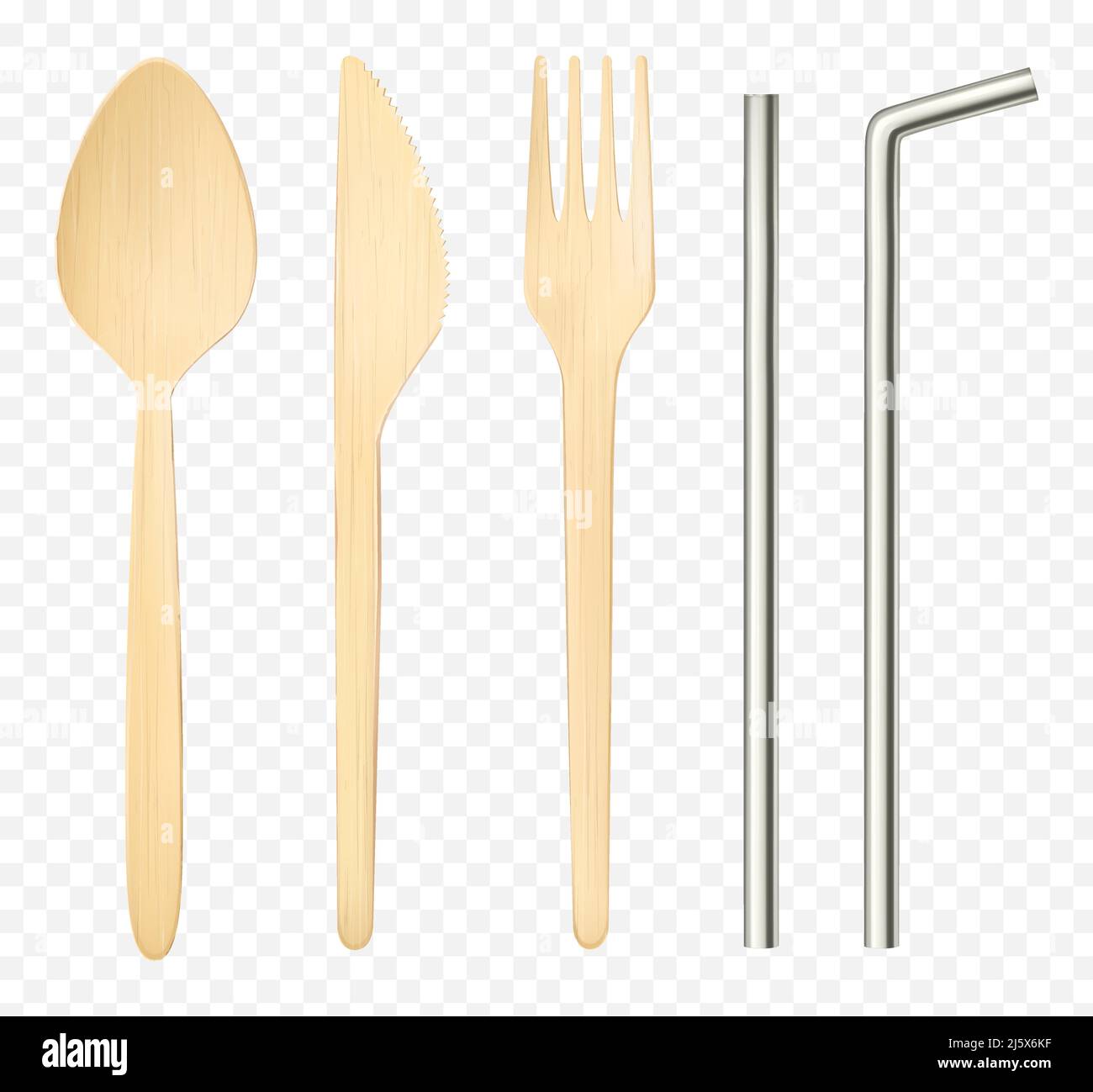 Fourche en bois, cuillère, couteau et pailles en acier, vue du dessus. Vaisselle jetable et réutilisable isolée sur fond transparent, mise en place de table de natura Illustration de Vecteur Fourche en bois, cuillère, couteau et pailles en acier, vue du dessus. Vaisselle jetable et réutilisable isolée sur fond transparent, mise en place de table de natura Illustration de Vecteur