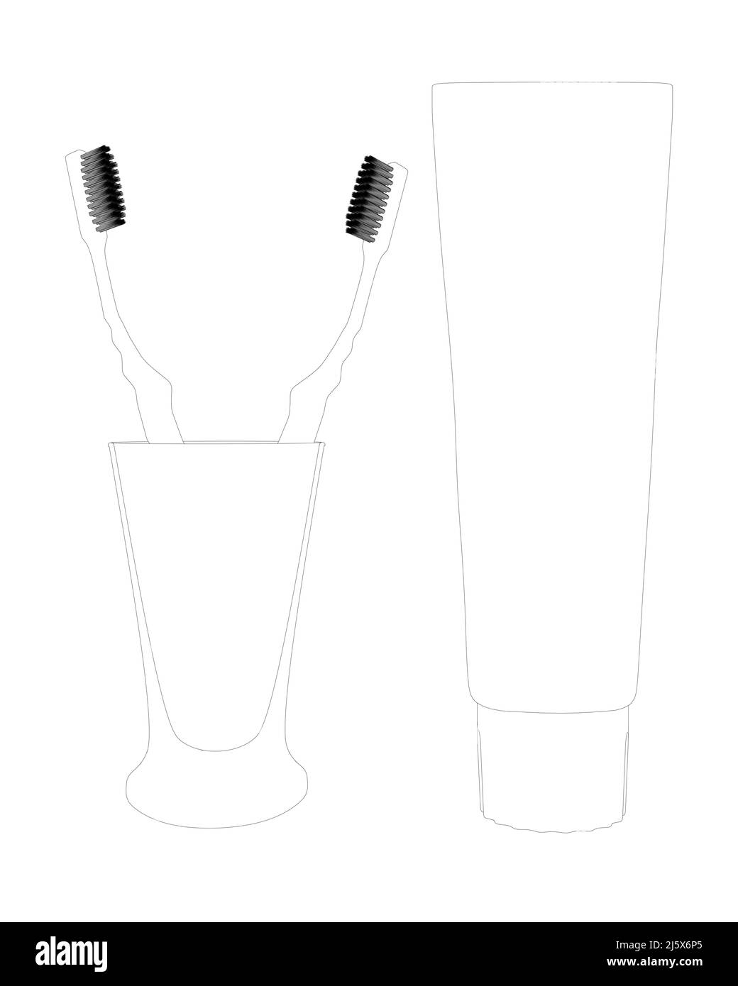 Contour des brosses à dents dans un verre et un tube de dentifrice de lignes noires isolées sur un fond blanc. Vue avant. Illustration vectorielle. Illustration de Vecteur