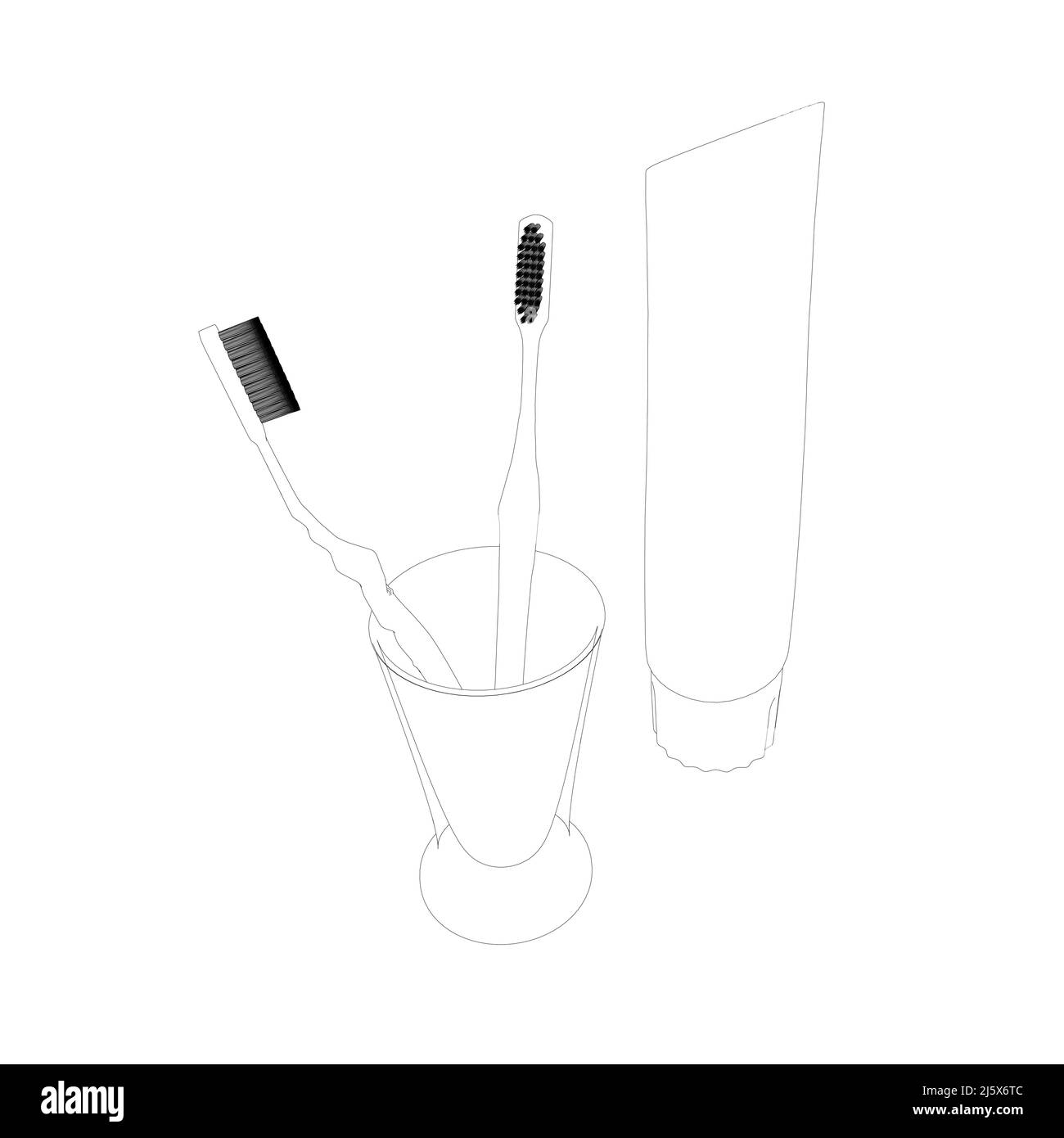 Contour des brosses à dents dans un verre et un tube de dentifrice de lignes noires isolées sur un fond blanc. Vue en perspective. Illustration vectorielle. Illustration de Vecteur