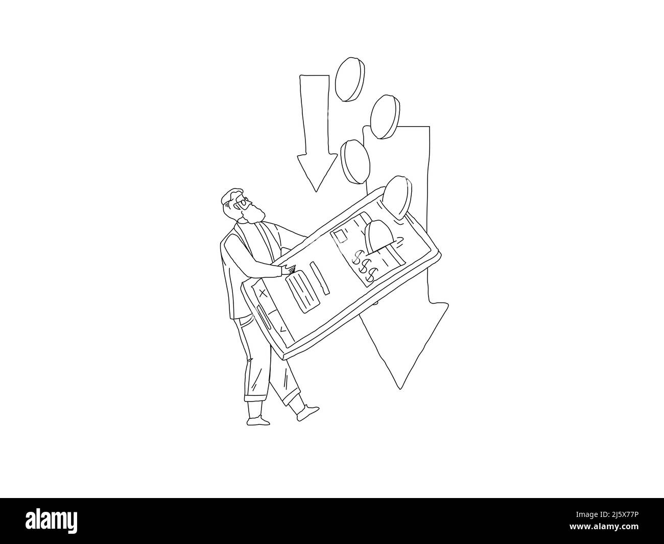 Homme tenant un téléphone portable et un vecteur de ligne tombant de pièce Illustration de Vecteur