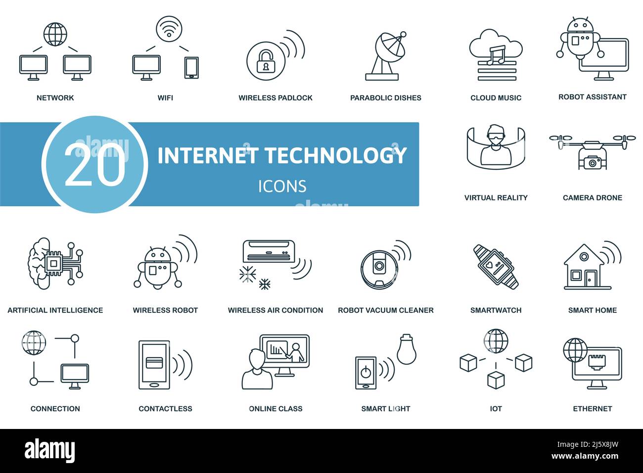 Icône de technologie Internet définie. Contient des icônes modifiables thème de la technologie Internet comme wifi, paraboles, robot assistant et plus encore. Illustration de Vecteur