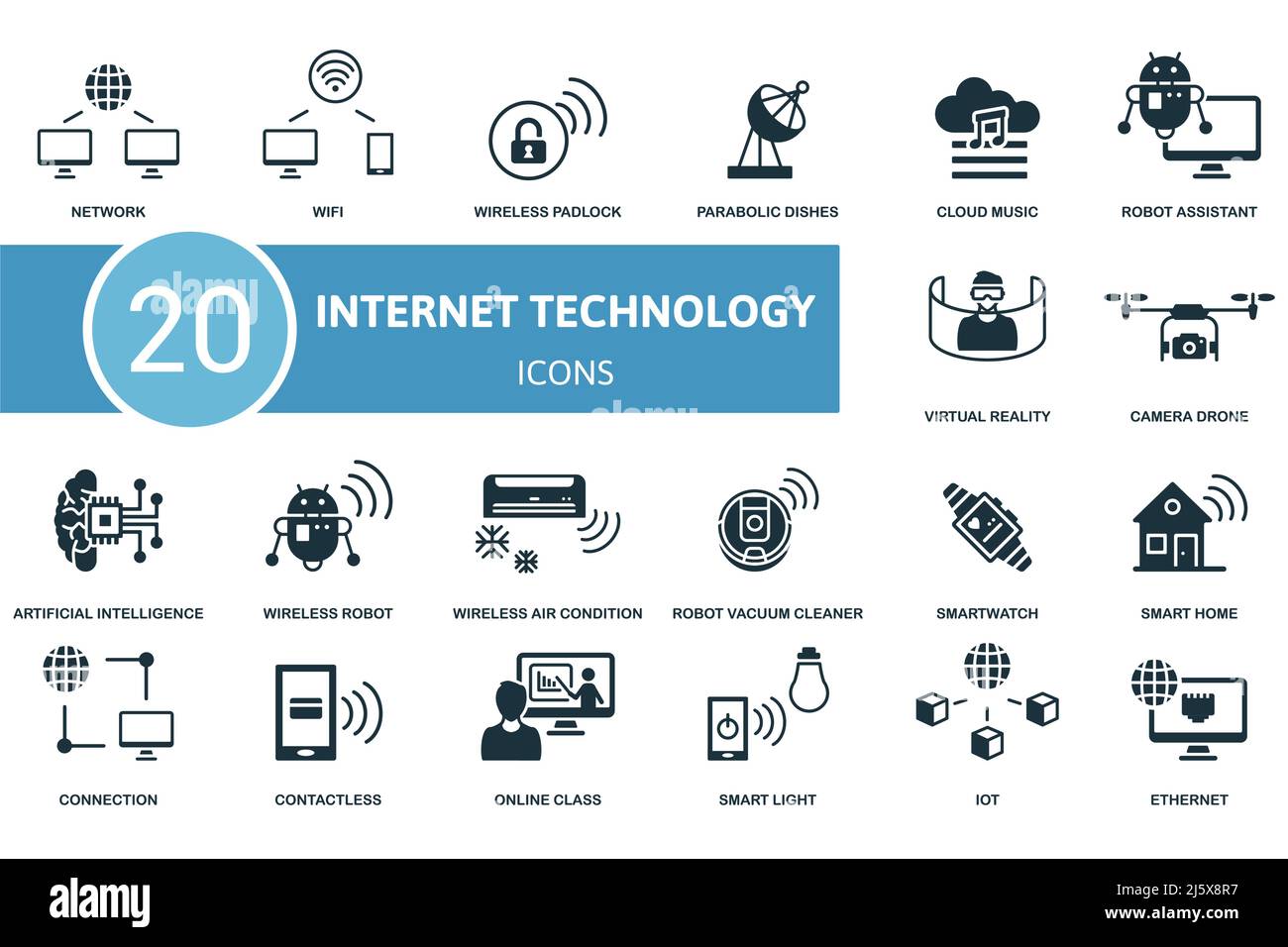 Icône de technologie Internet définie. Contient des icônes modifiables thème de la technologie Internet comme wifi, paraboles, robot assistant et plus encore. Illustration de Vecteur