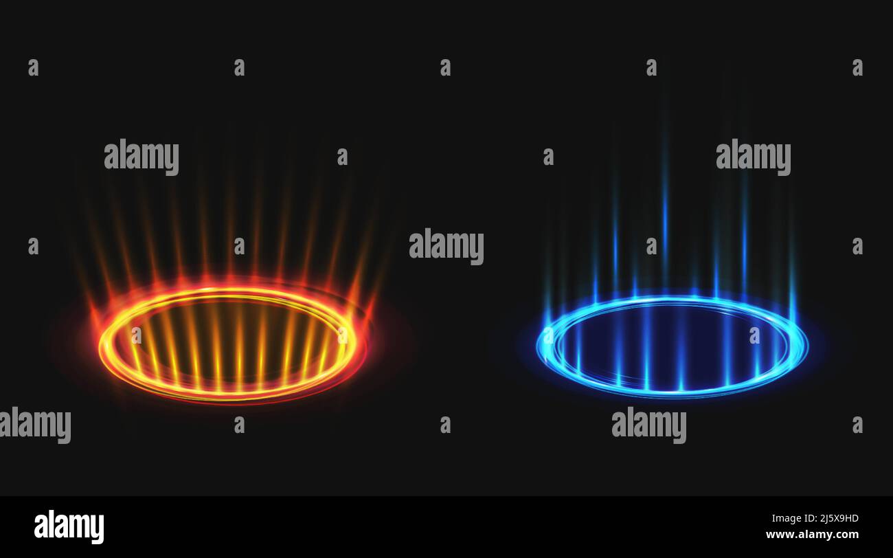 Vs ensemble de cercles d'effet hologramme. Versus néon rond bleu et rouge rayons lumineux scène de nuit avec des étincelles, de bataille hud ou de la compétition piédestal. Portails magiques o Illustration de Vecteur