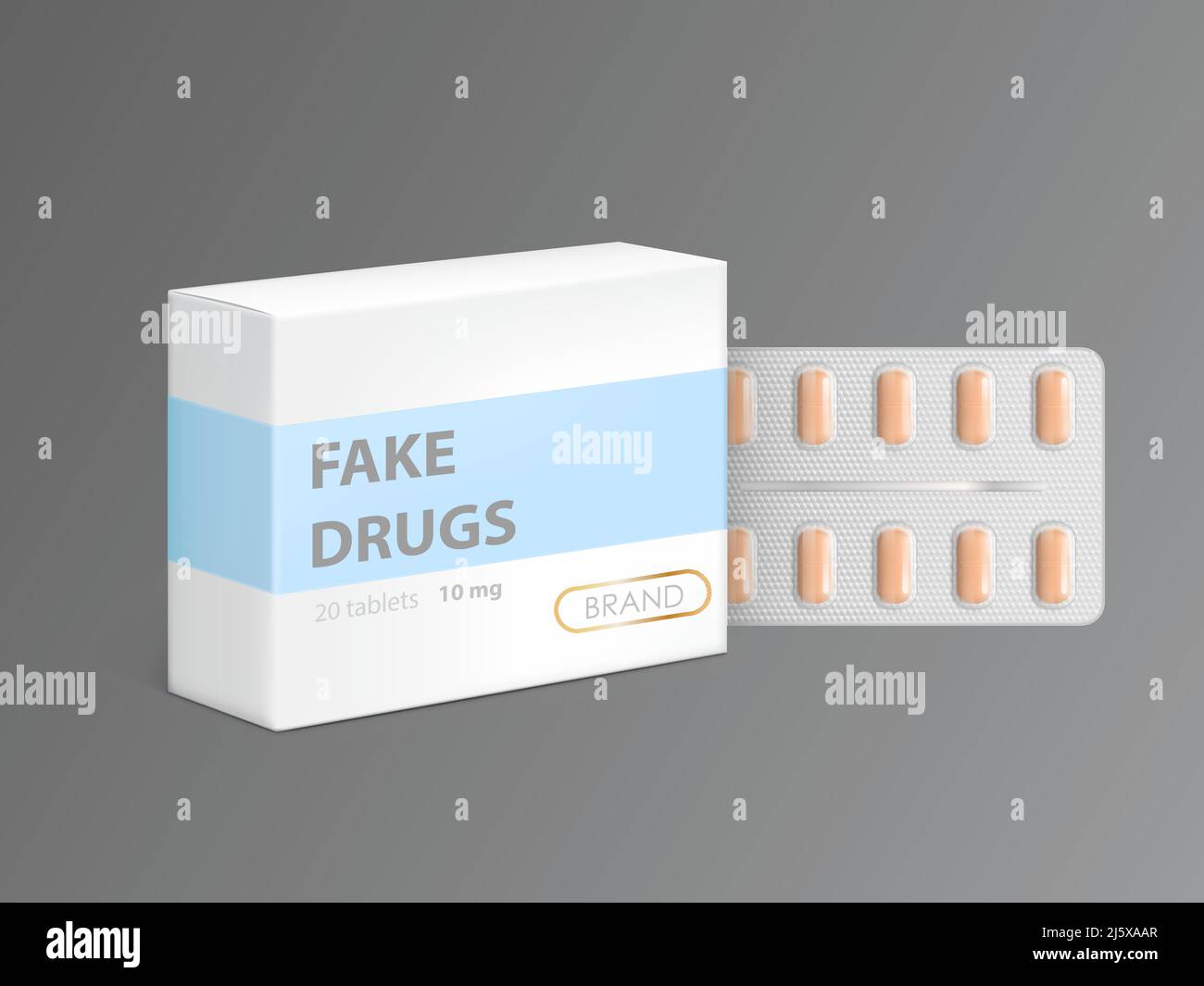 Maquette vectorielle de carton blanc avec faux médicaments et comprimés d'orange sous blister. Modèle d'emballage des capsules, médicaments ou phar contrefaits Illustration de Vecteur