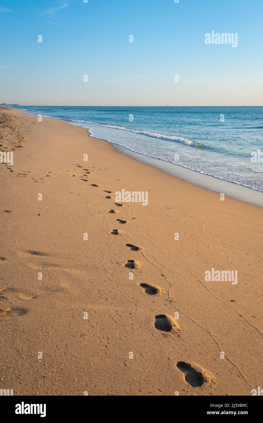 Empreintes de pieds sur le sable de la plage en Floride. Banque D'Images