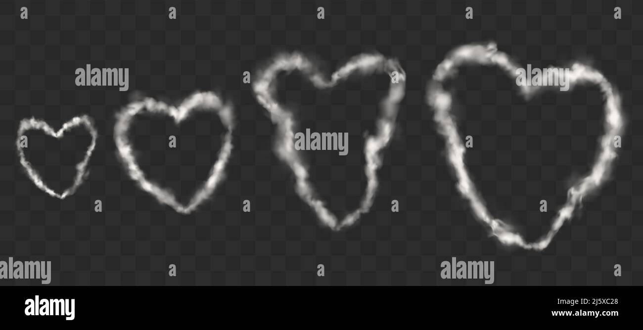 Anneaux en forme de coeur de fumée blanche de cigarette, pipe ou vape. Nuages de vapeur vectoriels réalistes provenant de café chaud isolés sur fond transparent. Symbole o Illustration de Vecteur