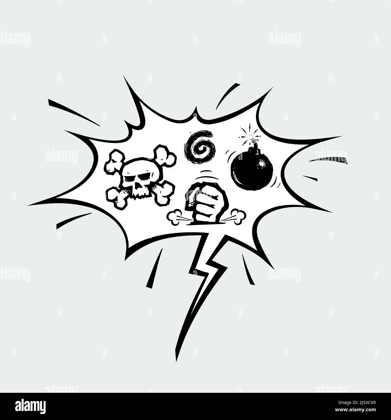Illustration vectorielle icône d'une bulle de dessin animé avec des symboles Sculpl et Bone, Bomb, Fist frappant la surface et Spiral. Tous les éléments sont soigneusement définis l Illustration de Vecteur