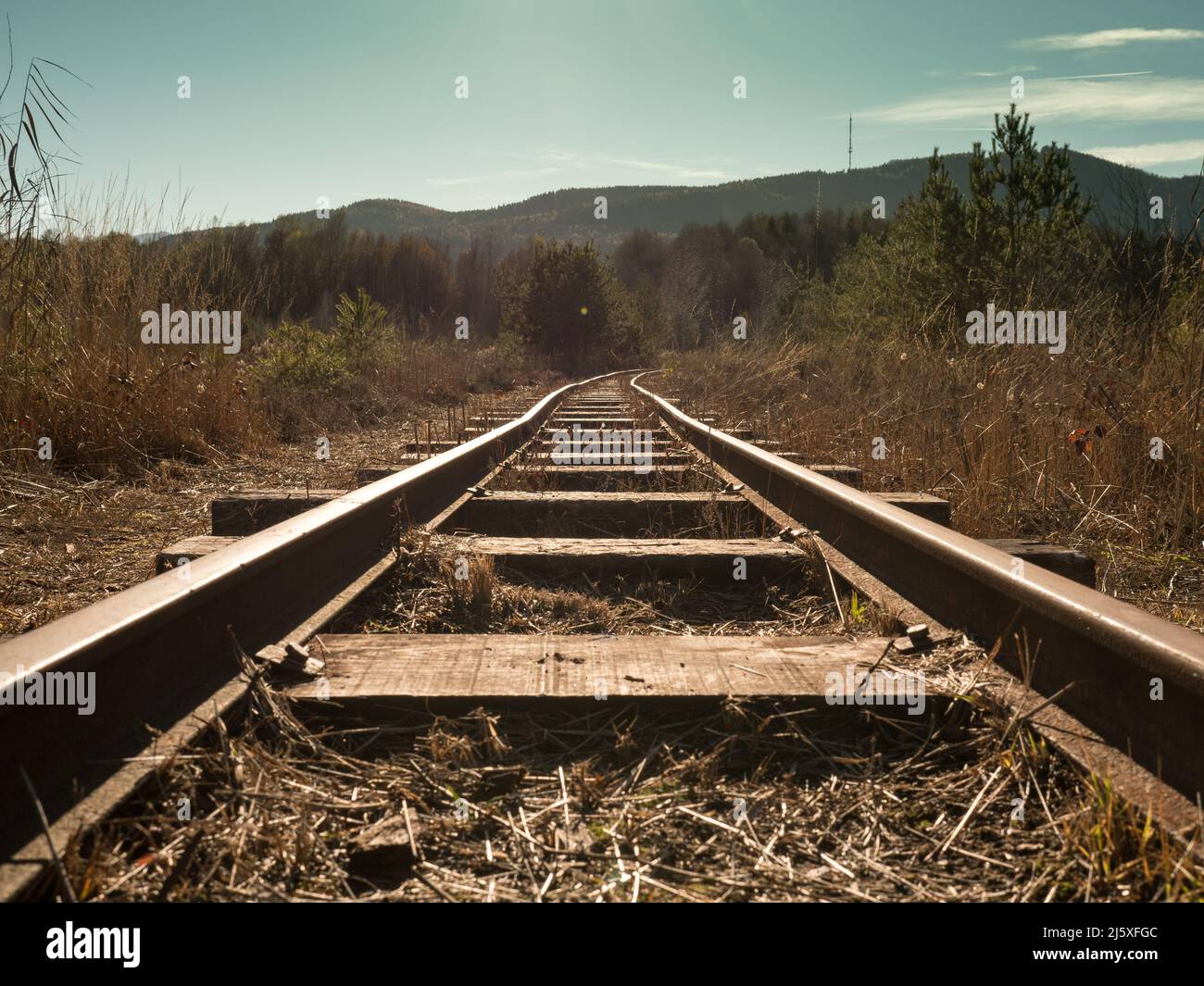voies ferrées en paysage de lande; chemin vers le soleil. scène de chemin de fer dans des poutres de coucher de soleil en face des montagnes Banque D'Images