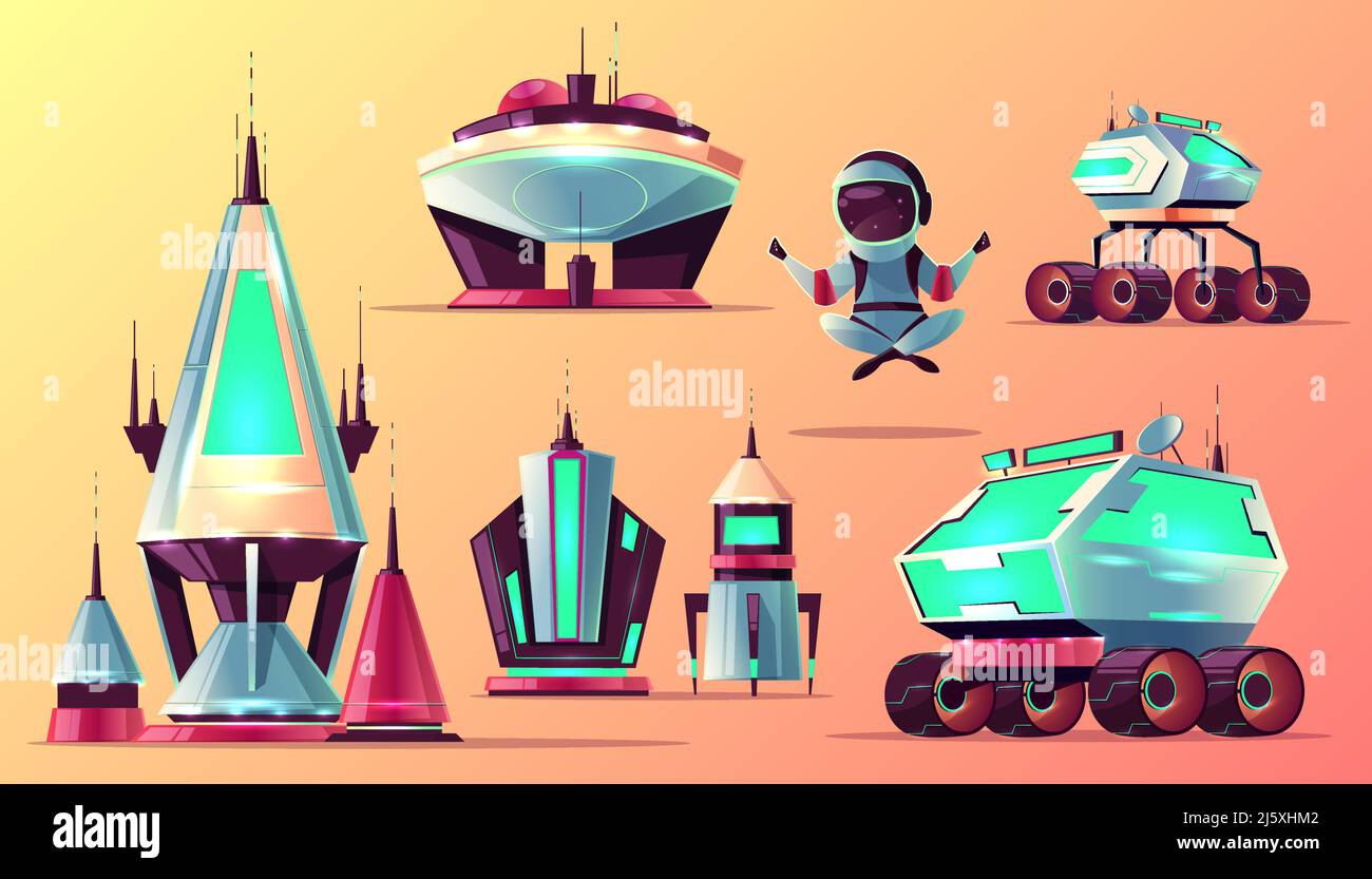 L'espace futur explorant les technologies, planètes colonisation architecture caricature ensemble d'icônes vectorielles. Starnavires futuristes, bâtiments de stations spatiales, astro Illustration de Vecteur