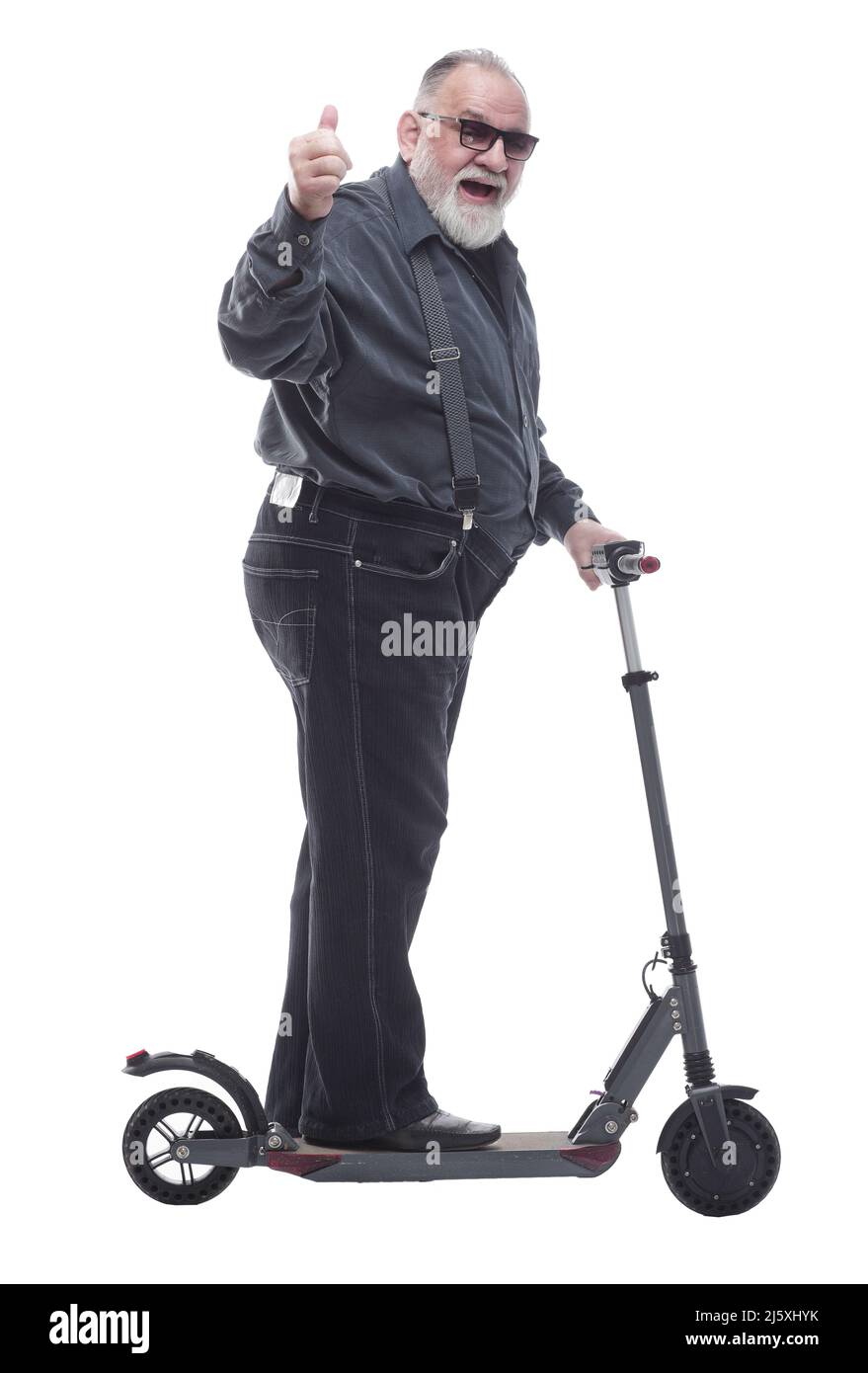 Un homme âgé avec un scooter électrique montre le geste OK Banque D'Images