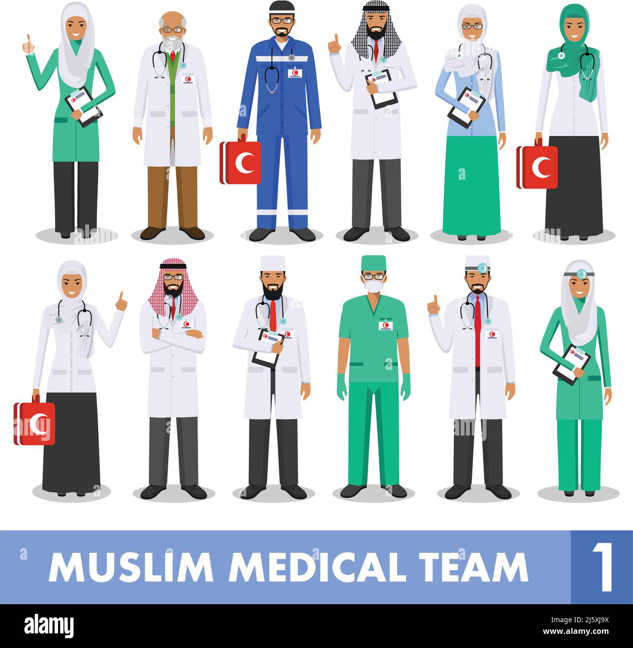 Illustration détaillée des médecins arabes musulmans de style plat sur fond blanc. Illustration de Vecteur