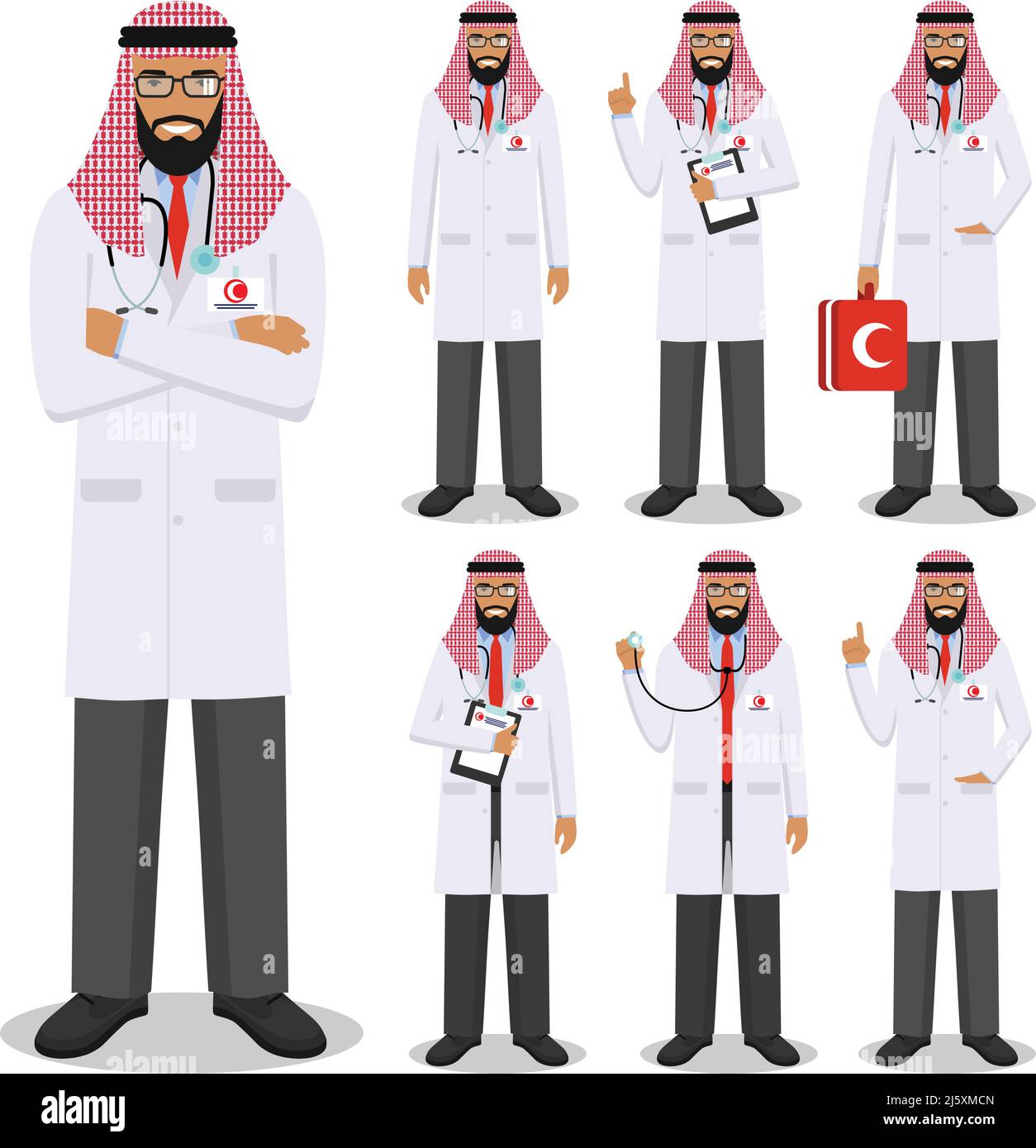 Illustration détaillée des médecins arabes musulmans se tenant dans différentes positions de style plat sur fond blanc. Illustration de Vecteur