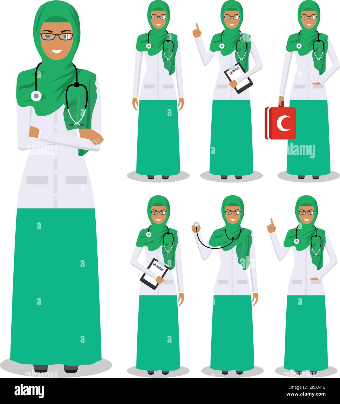 Illustration détaillée des médecins arabes musulmans se tenant dans différentes positions de style plat sur fond blanc. Illustration de Vecteur