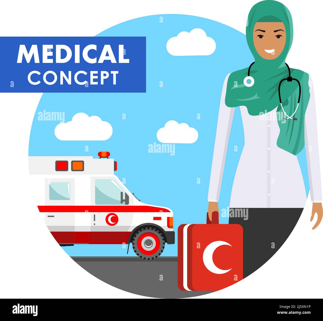 Concept médical. Illustration détaillée des médecins musulmans arabes en uniforme sur fond avec une ambulance médicale de style plat. Vecteur illus Illustration de Vecteur
