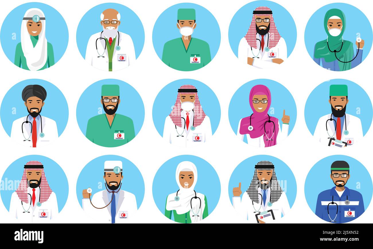 Concept médical. Ensemble de professionnels de santé colorés dans des icônes de style plat: les médecins et infirmières arabes musulmans. Illustration vectorielle. Illustration de Vecteur