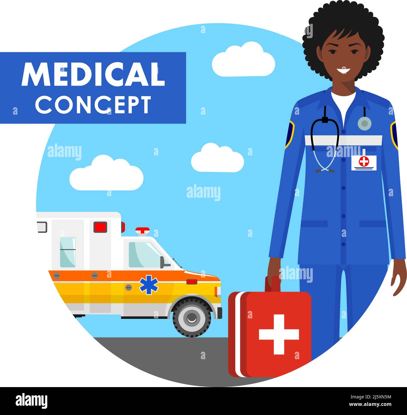 Concept médical. Illustration détaillée de personnes médicales en uniforme sur fond avec centre médical et voiture d'ambulance dans le style plat. Illustrateur vectoriel Illustration de Vecteur