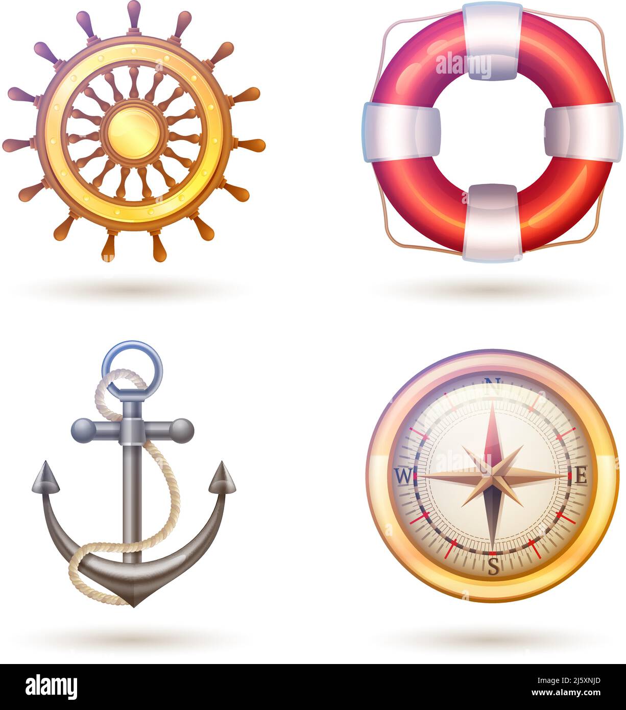 Icônes décoratives marines ensemble de symboles avec boussole de bouée de sauvetage d'ancrage et illustration vectorielle isolée du volant Illustration de Vecteur