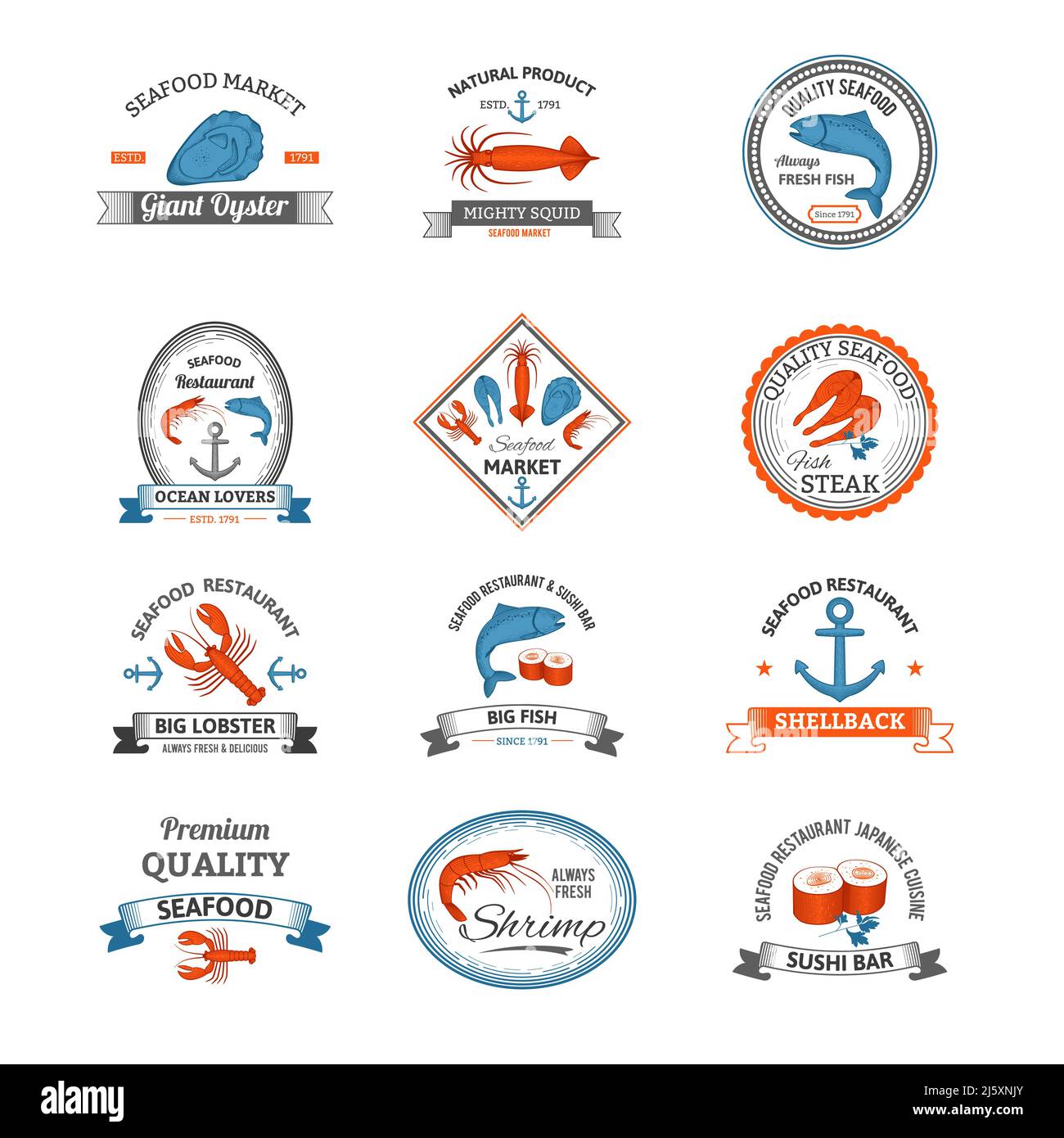 Le restaurant de fruits de mer traditionnels d'époque est orné d'un ensemble coloré de vecteurs isolés illustration Illustration de Vecteur