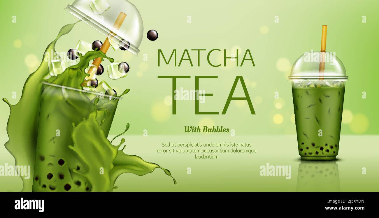 Bannière maquette thé vert Matcha avec bulles et glaçons. Boisson froide éclabousse dans un gobelet en plastique à emporter avec un bouchon et de la paille. Pub pour des boissons saines Illustration de Vecteur