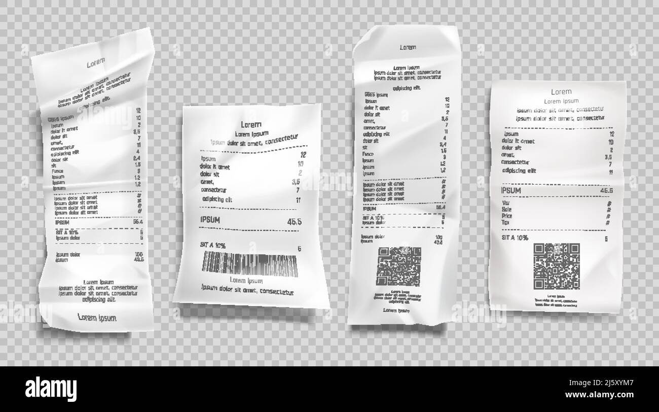 Facture de reçu, factures papier avec code qr et code-barres pour le jeu de balayage isolé sur fond transparent. Chèque de vente au détail au supermarché et total cos Illustration de Vecteur