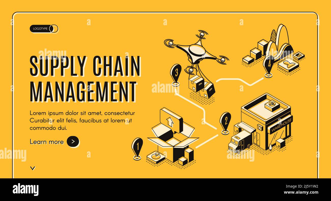 Page de renvoi isométrique de la gestion de la chaîne d'approvisionnement. Étapes de logistique de drone et de transport de cargaison. Processus de livraison des marchandises, exportation, importation dans le monde entier, glob Illustration de Vecteur