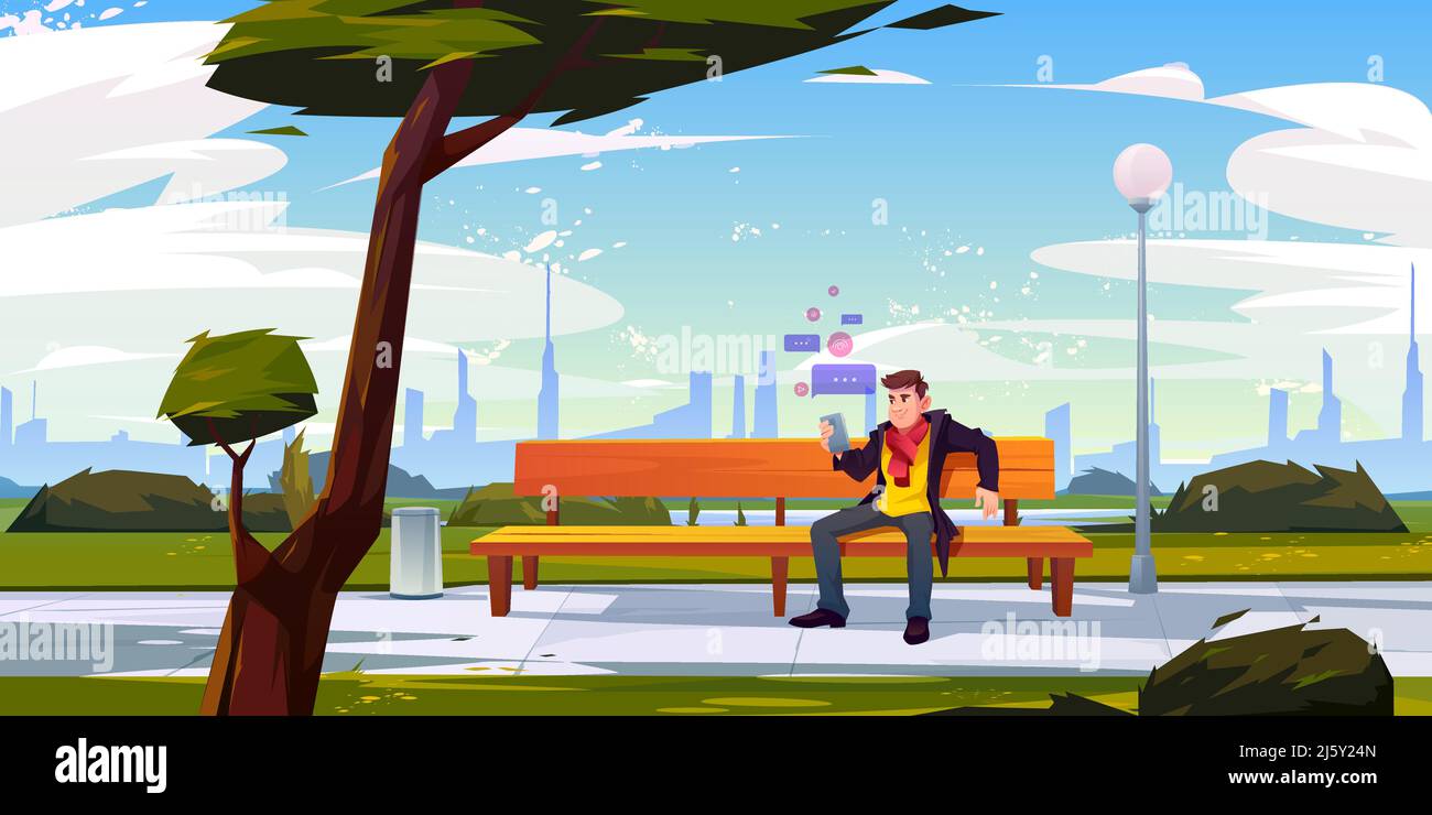 Homme avec smartphone assis sur un banc dans le parc de la ville en utilisant le wi-fi pour les réseaux sociaux Internet et l'envoi de messages à l'heure d'été. Personne avec mob Illustration de Vecteur