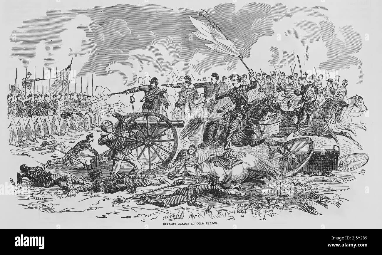 Charge de cavalerie à Cold Harbor, à la bataille de Cold Harbor dans la guerre civile américaine. illustration du siècle 19th Banque D'Images