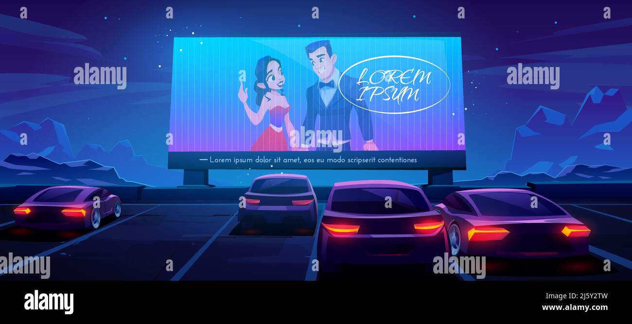 Cinéma automobile. Le théâtre avec voitures se trouve dans un parking en plein air la nuit. Grand écran extérieur avec scène de film d'amour illuminant dans l'obscurité sur St Illustration de Vecteur