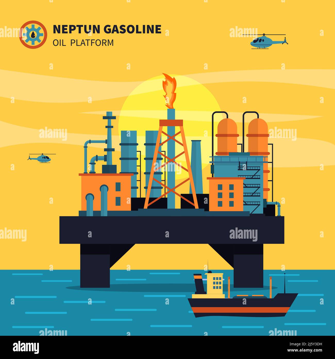 Plate-forme pétrolière pour l'extraction de pétrole avec navire de mer et hélicoptères illustration vectorielle plate Illustration de Vecteur