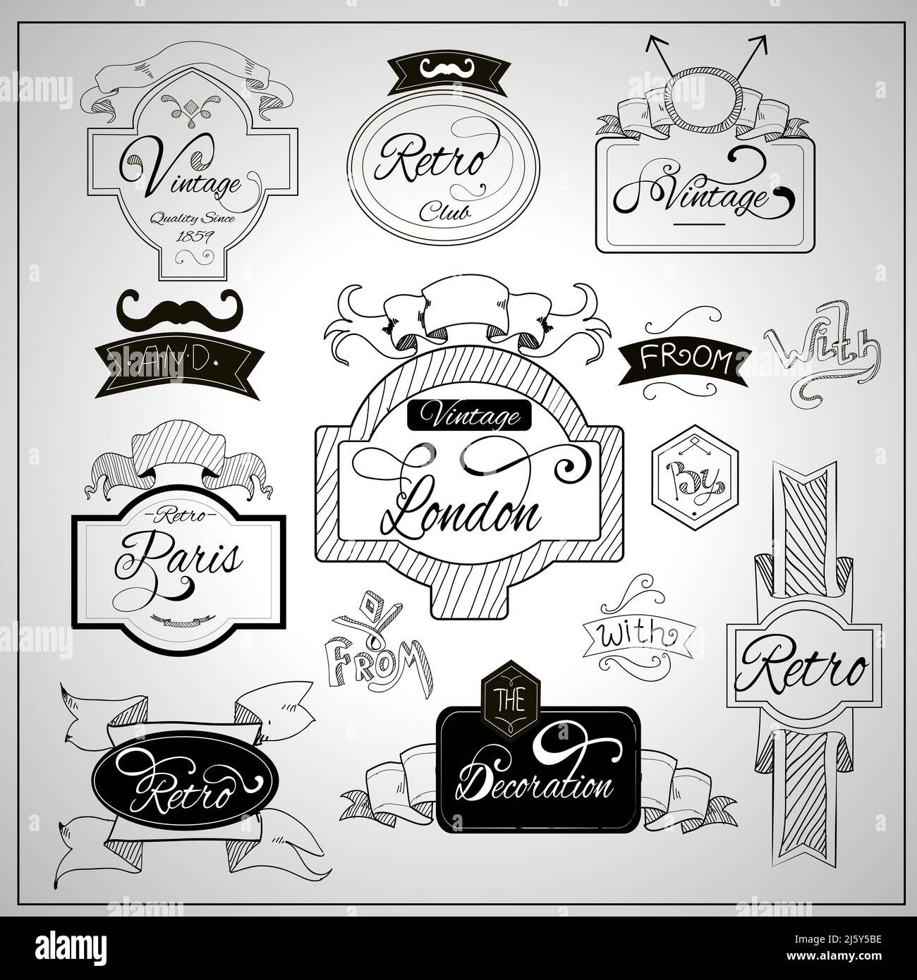 Style rétro avec éléments nostalgiques et rubans et moustaches tableau blanc stylo feutre noir illustration vectorielle abstraite Illustration de Vecteur