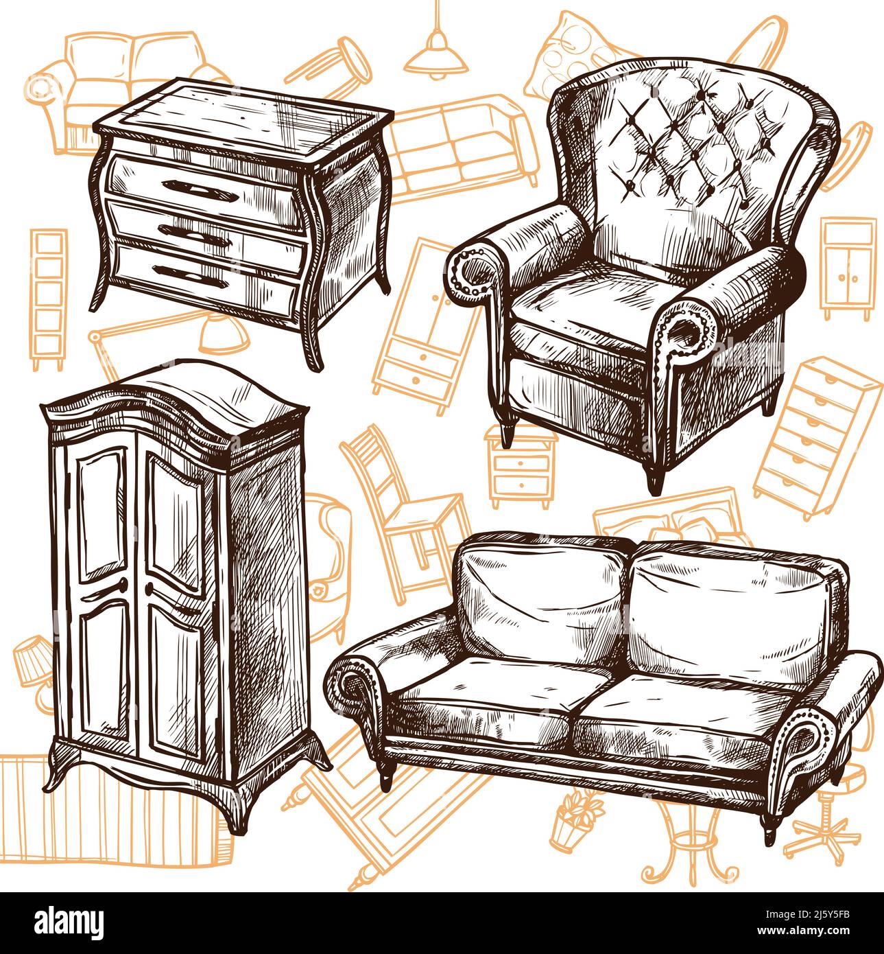 Meuble vintage chaise armoire de canapé et commode Doodle esquisse main illustration vectorielle de concept dessinée Illustration de Vecteur