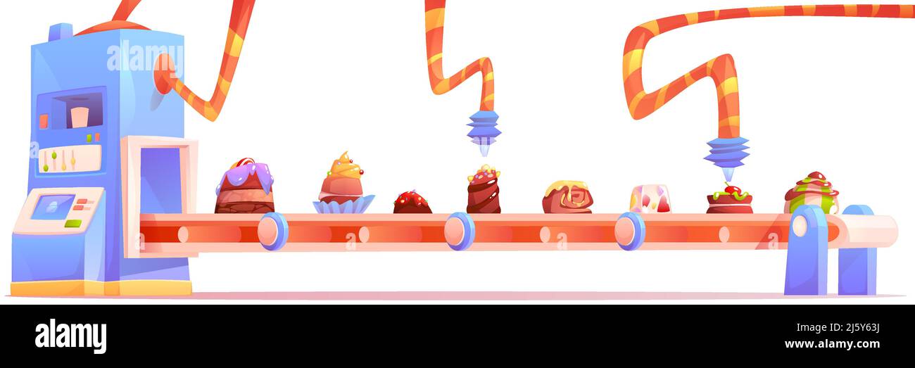 Usine de bonbons, chaîne de production de chocolat isolée sur fond blanc. Desserts et gâteaux doux se déplaçant sur le tapis roulant, la cuisine et la décoration des aliments m Illustration de Vecteur